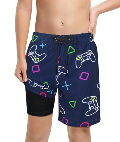 LUCOWEE Boys Swim Trunks - Gamepad Blue 10-12 / Soft Lined Quick-Dry UPF50+
