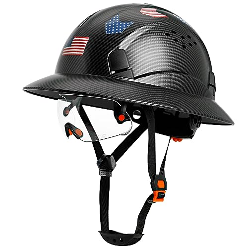 Carbon Fiber Pattern Full Brim Hard Hat with Visor-OSHA Approved Construction Safety Helmet for Men Women,ANSI Z89.1 Vented Reflective Hardhat with Hard Hat Chin Strap,6-Point Suspension