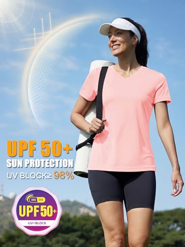Women's UPF 50+ Short Sleeve Workout Top - Quick Dry V-Neck Gym Tee