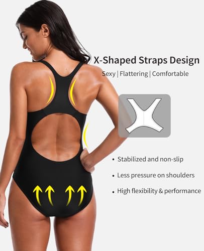 beautyin Women's One Piece Swimsuit Large Black Racerback Bathing Suit with Logo