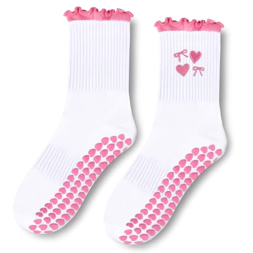 Yoga Grip Socks for Women - Cute Embroidery Pattern, Pink Ruffles
