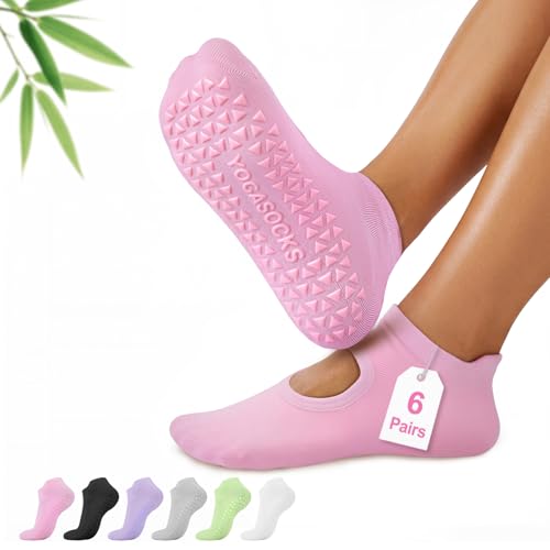 ALLIVE Pilates Socks with Grips for Women, Breathable Bamboo Non-Slip Yoga & Studio Socks, 6 Pairs in Black, White, Grey, Pink, Purple, Green