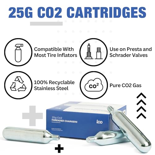 ICO 25g Threaded CO2 Cartridges 20 Count for Bike Tires & More