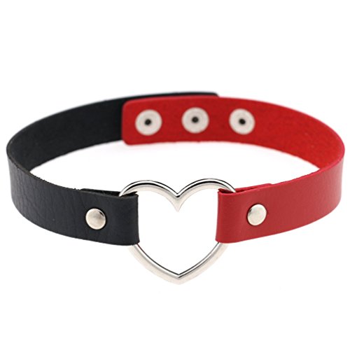 Love Heart Choker Necklace - Black & Red PU Leather Punk Style