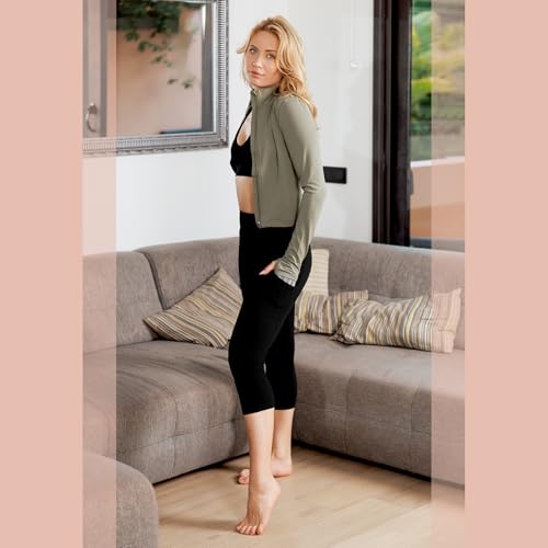 High Waisted Leggings with Pockets - Capri, Small-Medium, Black