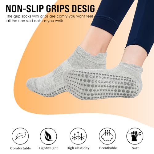 Pilates Socks with Grips - 6 Pairs Non-Slip Gym Socks - Black, Light Gray, Dark Gray, Blue, Pink, Purple - Medium