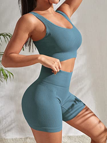 YWBIN 4-Piece Seamless Ribbed High Waist Yoga Set with Sports Bra – Black/Light Blue, XL