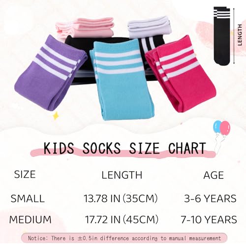 Kids Soccer Socks - 4 Pairs Knee High Cotton Striped - Black, White, Blue, Purple | Ages 7-10