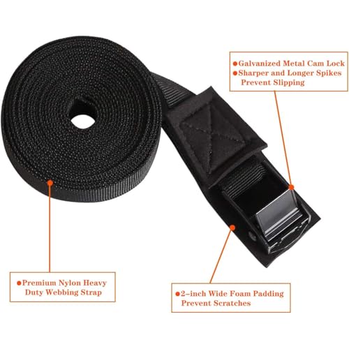 Adjustable Kayak Tie Down Straps - Padded Cam Buckle, 2 Pack, 1"x10' - Black