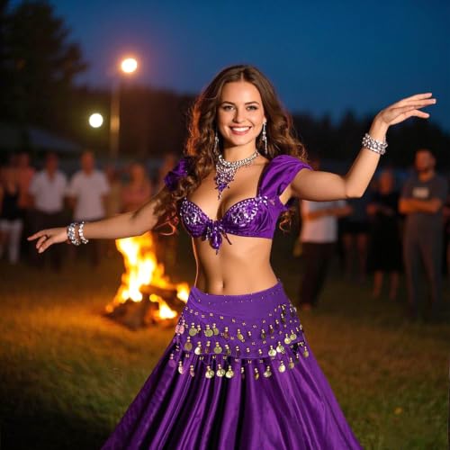 Belly Dance Hip Scarf with Sequins Coins - Purple