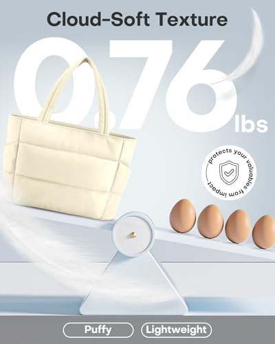 HOTOR Women's Puffer Tote Bag with Multi-Pockets, Zippered, Beige, 18.1 x 6.3 x 11.8 inches