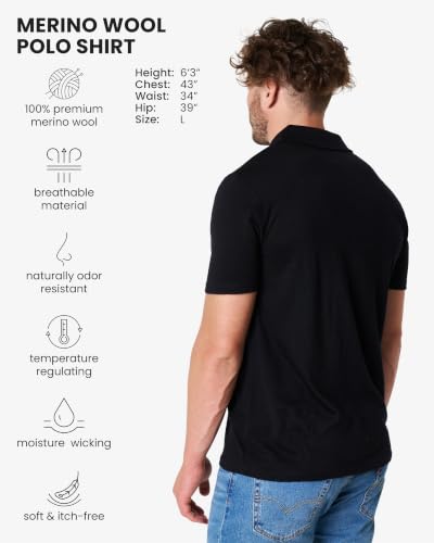 Merino.tech X-Large Black Men’s Merino Wool V-Neck Polo Shirt - Short & Long Sleeve