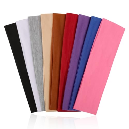 9-Piece Elastic Sports Headbands - Non-Slip Cotton Sweat Bands - 9 Colors