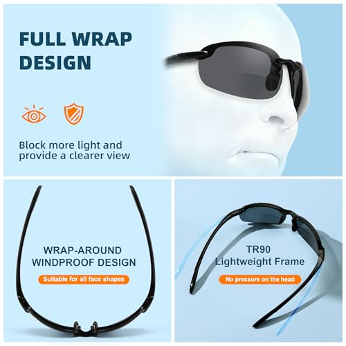 ZIHVEUC Brown Frame Polarized Bifocal Sunglasses +2.50 for Men Women Sport Sun Readers
