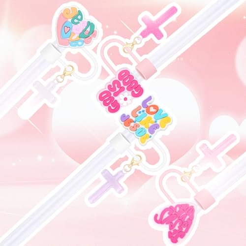 Pink Straw Toppers Set - Silicone Covers with Cross Charms for Stanley Tumblers