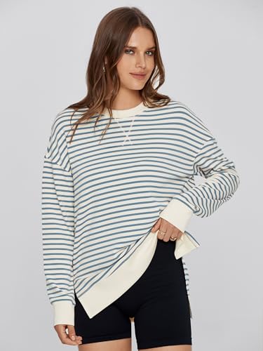 Simplee Women's Oversized Striped Sweatshirt Grey Blue Large Casual Crewneck Pullover