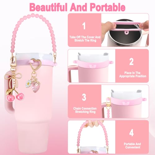 Cute Pink Water Bottle Accessories Set with Handle & Charms - Bb-pink
