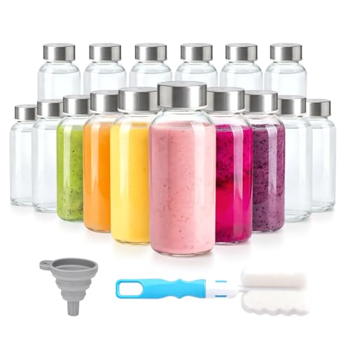 Zukro 8 oz Glass Juice Bottles with Silver Stainless Steel Leak-Proof Lids - 16 Pack