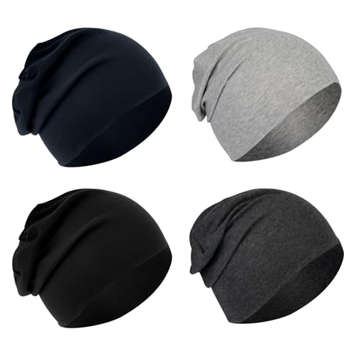 Cotton Slouchy Beanie for Men & Women - Large, Black + Light Off-white + Heather Grey + Navy Blue