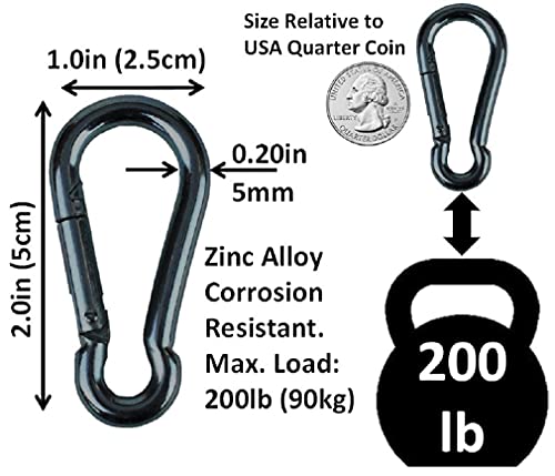 Heavy Duty Black Carabiner Snap Hooks - 5cm, 6 Pack