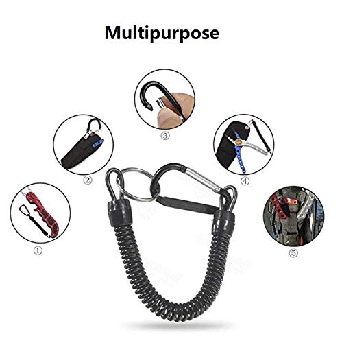 Pack of 6 Coiled Fishing Lanyards with Carabiners - Black