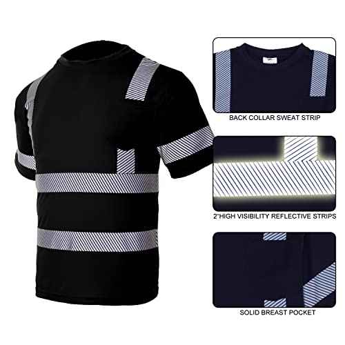 VENDACE Safety Shirts for Men 3 Pack High Visibility Reflective Hi Vis Short Sleeve Work Shirt Black (Black,L)
