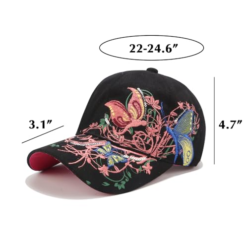 Women’s Adjustable Embroidery Butterfly Baseball Cap with Flower Print - Black, One Size