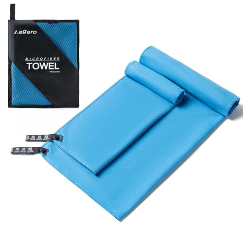 Aegero Microfiber Camping Towel Set XL 40x70 + 12x24 Inch Blue - Quick Dry & Ultra Soft Travel & Beach Towel