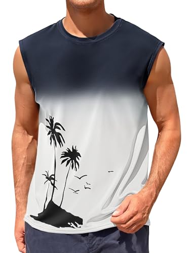 Runcati Men's 3X-Large White Graphic Tank Top with Palm Tree Gradient Design