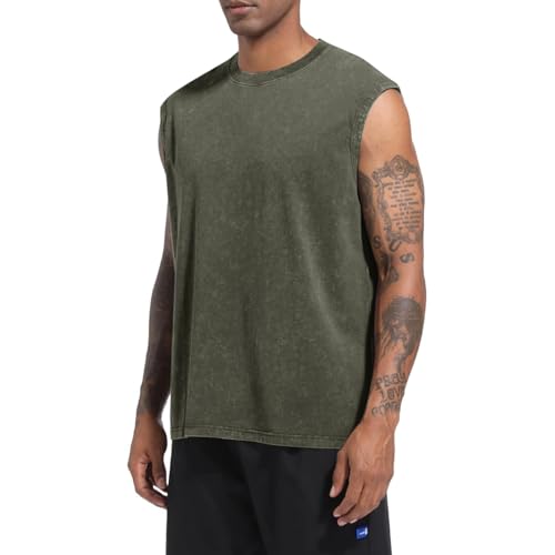 Mens Cotton Workout Tank Top - Acid Wash Sleeveless Tee, XX-Large A-army Green