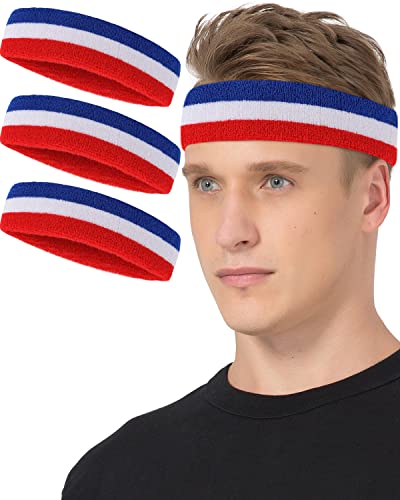 Athletic Sweatbands for Sports - Terry Cloth Headbands, Red/White/Blue