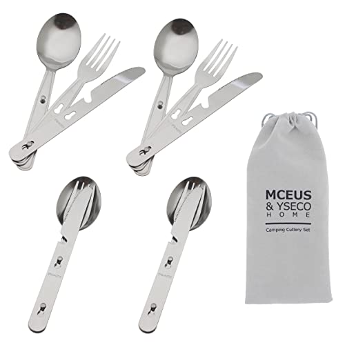 MCEUS 4-Pack 4-in-1 Camping Utensils Set Portable Stainless Steel Flatware for Travel & Outdoor Activities