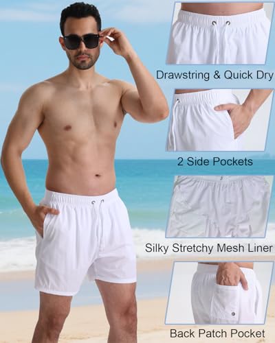 TUVEKE Men's X-Large White Quick Dry Swim Trunks 5 Inch Inseam Beach Shorts