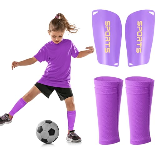 Syhood Kids Soccer Shin Guards and Sock Sleeves (Medium, Purple) - Complete Protective Set