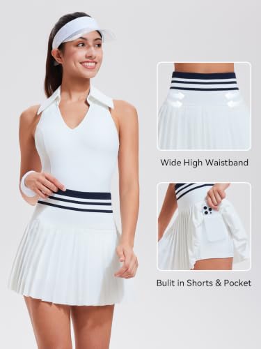 Women’s 2-Piece Tennis Skirt Set Polo Golf Outfits - Pleated Skort, Tank Top, Pockets, Summer Workout - Medium White - Airfree