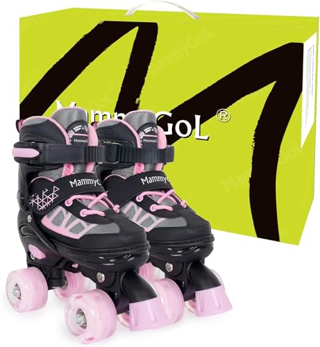 MammyGol Adjustable Kids Roller Skates Pink Small 9C-12C with Light-Up Wheels