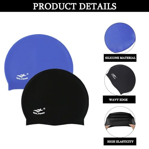 Kids Silicone Swim Caps - Waterproof 2 Pack, Blue & Black