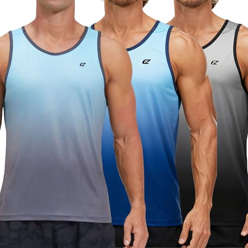 EZRUN Men's Quick Dry Tank Top Pack of 3 - UPF 50+ Sweat-Wicking Gym Shirts, Large, Gradient Blue/Sapphire/Grey