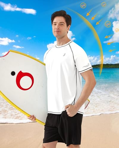 Roadbox Men’s UPF 50+ Short Sleeve Rash Guard Tee, White Large - Quick-Dry UV Swim Shirt