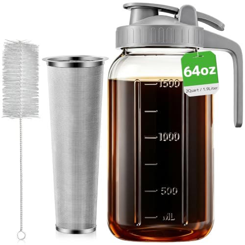 OneDream 64 oz Cold Brew Coffee Maker Mason Jar Pitcher with Stainless Steel Filter, Grey 1 Pack