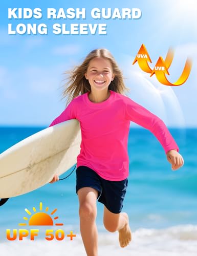Boys Long Sleeve Rash Guard Swim Shirt UPF 50+ - Rose Red, 7-8 Years