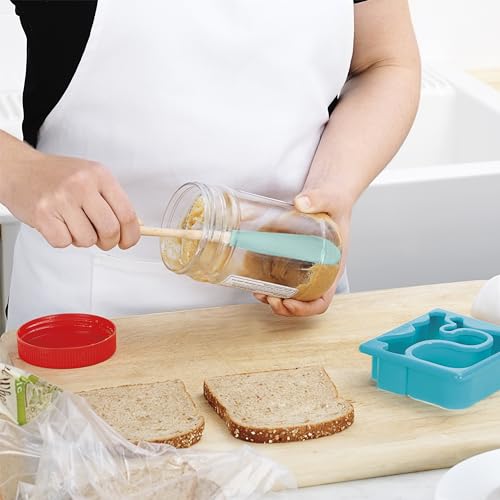 Tovolo Flex Core Jar Scraper With Wood Handle Long Silicone Spatula For Peanut Butter Jelly Jars, Heat Resistant BPA Free Long Handle Jar Spatula for Scraping Spreading Aqua Seafoam Green