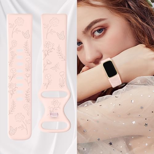 Floral Engraved Replacement Band for Fitbit Charge 6/5 - Light Pink