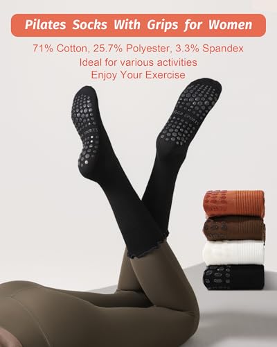 Non-Slip Pilates Socks for Women - 4 Pairs Black, Brown, Caramel, White