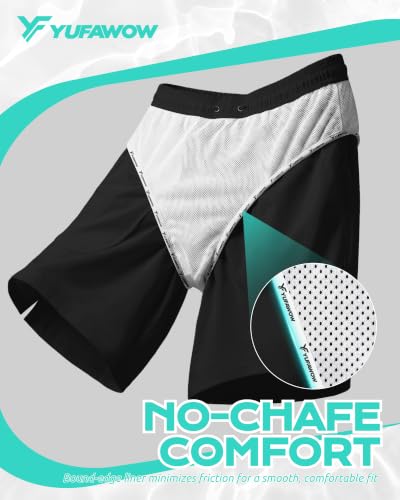 Yufawow 9 Inch Men Swim Trunks with Mesh Lining - Quick Dry, Breathable Pockets, Solid Black XXL
