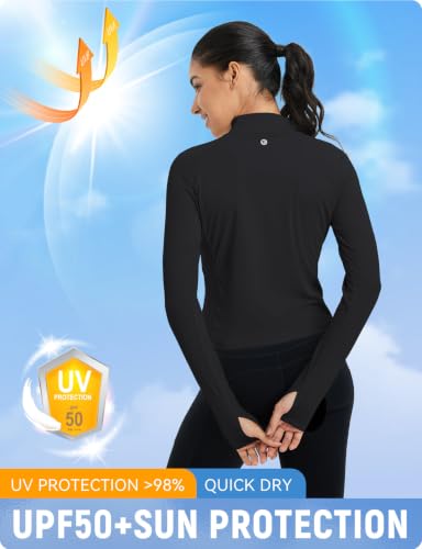 Women's UPF 50+ Sun Shirt - Lightweight Crop, Breathable, Quick Dry, Black, Medium
