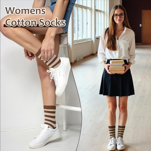 6 Pairs Women's Striped Crew Socks - Blue, Green, Yellow, Red, Dark Coffee, Light Coffee