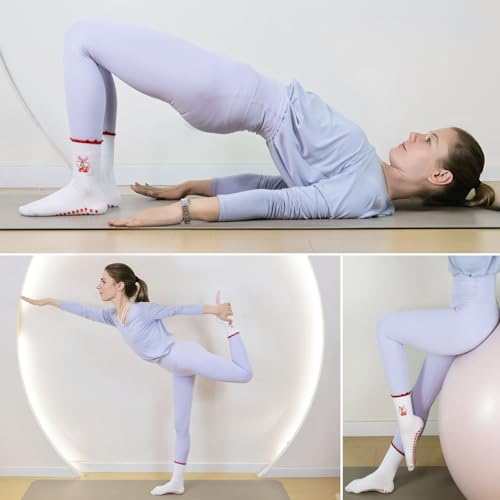 Non-Slip Pilates Socks with Ruffle - Women's Yoga Grip Socks - Red