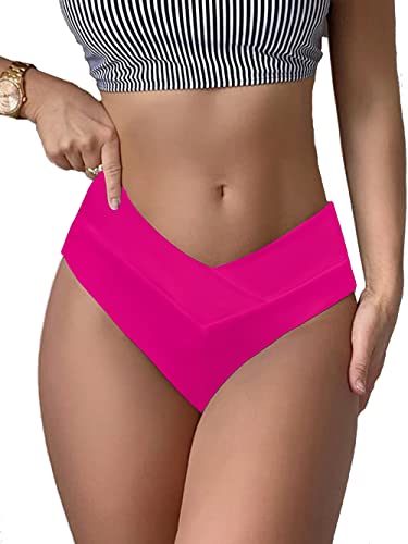 High Waisted Cheeky Bikini Bottoms - Criss Cross Cut-Out - Small Rose Red