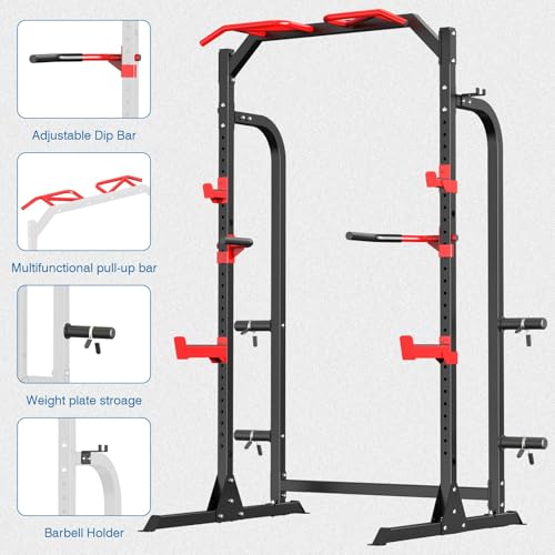 Half Power Cage Squat Rack with Pulley System and Weight Plate Storage